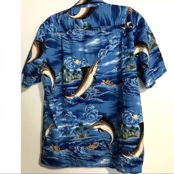 Vintage Hawaii Brand Sword Fish Print 100% Cotton Short Sleeve Button Down Large - Picture 2 of 5